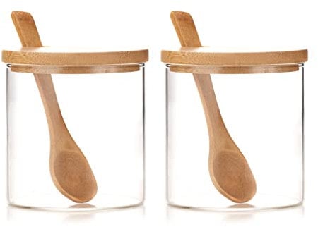 INCETUE 2pcs Condiment Pot, Seasoning Containers box, Glass Jar with Bamboo Lid, Cute Suger Bowl, Salt Container with Wooden Spoon, 10oz Spice Pepper Storage Canister for Kitchen and Home