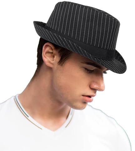 Vikodah Trilby Fedora Hut für Herren Sonnenschutz Panama Sonnenhut Klassisch Gestreift Jazz Hut, Schwarz , 56