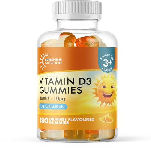 Kids Vitamin D Gummies by Sunshine Nutrition - MEGA Pack Vitamin D3 400IU Orange Flavour Gummy (Pack of 180)