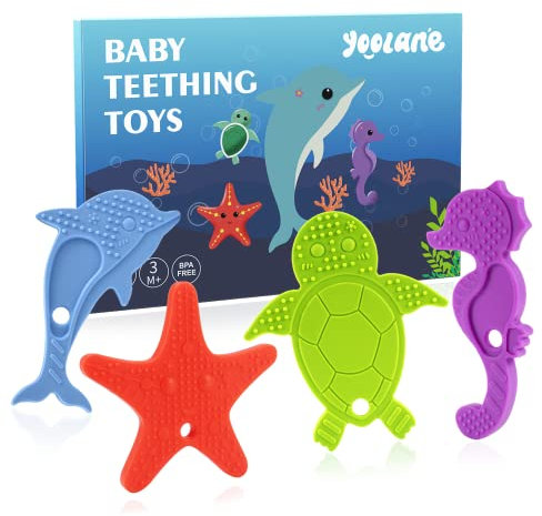 Yoolane Beißring Baby [Original] - Beißspielzeug aus Silikon, Meerestier Beissring Kühlend, Zahnungshilfe BPA-frei | Spielzeug & Zubehör & Geschenke für 3+ Monate Kleinkind | 4 Stück