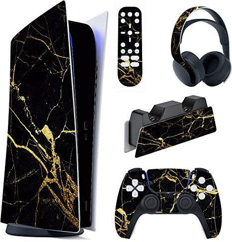 PlayVital Skin für ps5 Konsole Digital Edition,Schutzfolie Aufkleber Vinyl-Skin Stickers für ps5 Konsole,Controller,Ladestation,Headset,Medienfernbedienung-Schwarzer & Goldener Marmor-Effekt