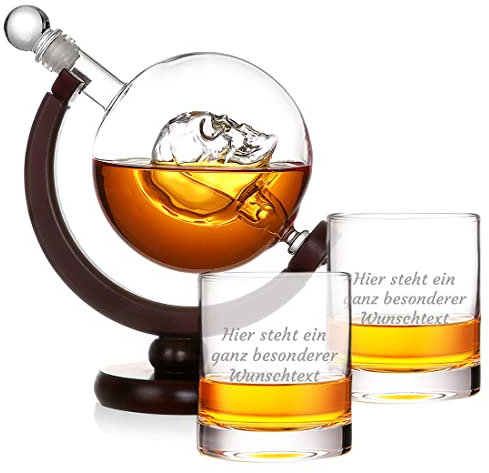 Whisky Skull Karaffe 850 ml Set mit Wunschgravur - Motiv: Wunschtext - mit 2x personalsierte Gläser 320 ml - inklusive Holzfuß - Deko, Bar - Scotch, Bourbon, Whiskey - Vatertag, Geburtstag