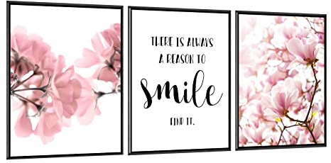 Framed Scandinavian Flower Canvas Poster Pink Magnolia Floral Print Painting Nordic Smile Quote Art Wall Pictures for Living Room Office Bedroom Home Decor -3 Pack (12 X 16Inch)