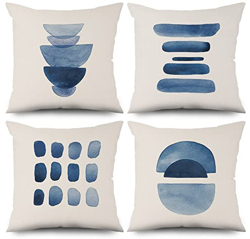 ASDCXZ Boho Kissenbezug 50x50 cm 4er Set, Modern Aquarell Halbkreis Muster Beige Blau Sofa Dekokissen Kissenbezüge Kissenhülle Waschbar Polyester Flachs Textil Polster Kopfkissenbezug Kissen Bezug