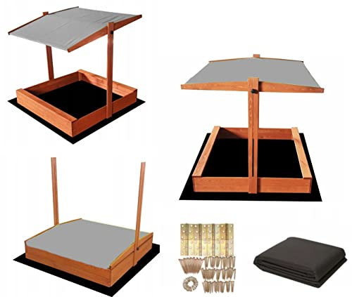 Imprägniert Sandkasten mit Dach mit Sonnenschutz mit UV-Schutz Sandbox mit Abdeckung mit Sitzbänken Sandkiste Sandkastenvlies Holz (Grau)