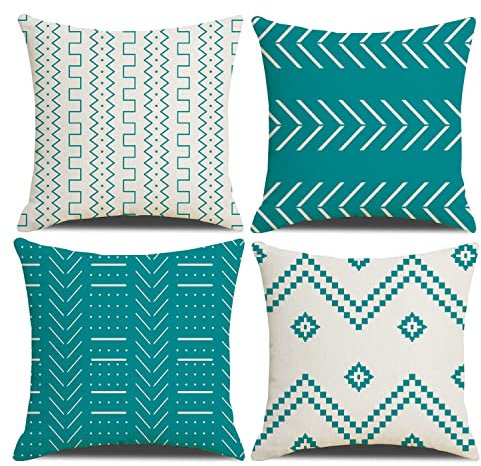 Fundas de Cojines 45 x 45 cm Fundas de cojines Farmhouse, Juego de 4 Fundas de Cojín Cuadradas de Patchwork Textura Verde Azulado para sofá Sofá Silla Dormitorio Decoración Moderna Hogar Oficina Sofá