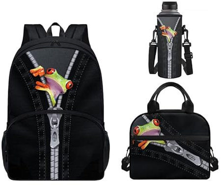 Howilath Fuoco Teschio Nero Zaino Set Flaming Skeleton 3 Pz 1 Set Daypack+Picnic Bag+Porta Bottiglia di Acqua per Bambini, Rana, Zaino casual