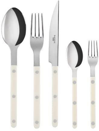 SABRE PARIS - Tafelbesteck, 5-teilig - Bistrot - Messer, Gabel, Esslöffel, Teelöffel & Kuchengabel - Edelstahl & Nylon - Spülmaschinenfest - Elfenbeinfarbe