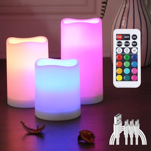 yucanucax Wiederaufladbare flammenlose LED-Kerzenlicht mit Fernbedienung, für drinnen und draußen, Farbwechsel, Kunststoffkerze, 3 Stück