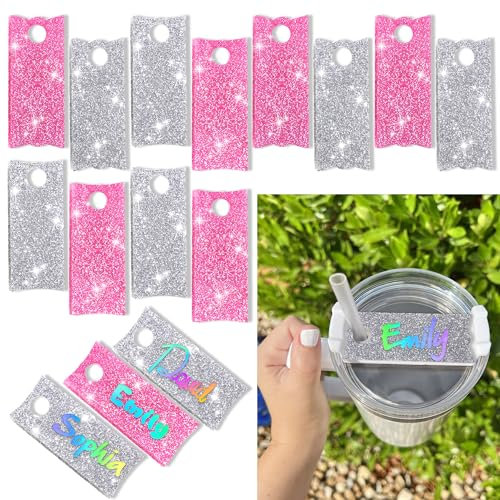 AIERSA Name Plate for Stanley Cup Lid 40oz Tumbler with Handle, 6pcs Pink, 6Pcs Silver