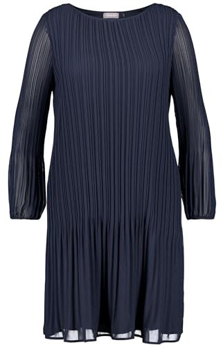 Samoon Damen Leicht ausgestelltes Plisseekleid Langarm, elastischer Ärmelsaum unifarben knieumspielend Navy 52