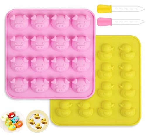 2 Packungen mit 16 Vertiefungen Ente und Schweinegesicht-Silikonformen, Antihaft-Kuchenformen, Eiswürfelformen für Schokolade, Süßigkeiten, Gelee, Eiswürfel mit 2 Tropfern