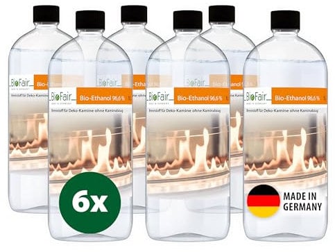 BioFair Bioethanol 96% Brennstoff für Ethanolkamine, Bioethanolkamin, Ethanol Tischkamin, Wandkamin Indoor (6x1L, 6, Liter)