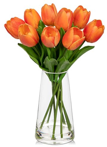 Hollyone 9 Stück Künstliche Tulpen Blumen in Glasvase mit Faux Wasser, 36cm Gefälschte Tulpe Wie Echt, Real Touch Orange Tulip Frühling Blumen für Tischdeko Haus Hochzeit Dekoration
