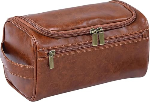 Trousse de toilette en cuir synthétique pour homme, marron foncé pour voyage, salle de sport et rasage, séparation sèche et humide avec 3 compartiments