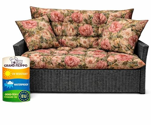 Filippo Sitzauflagen Gartenmöbel 100 x 50 x 60 cm Pfingstrose - Kissen Hollywoodschaukel mit Zwei Gartenkissen 45x45 cm - Beständig Gegen Schimmel – Handgefertigt Polster mit Befestigungsschnüre