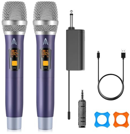 Microfono Wireless, UHF metallo doppio portatile cordless sistema microfono dinamico con ricevitore ricaricabile (40H durata, 200ft gamma) per il canto, Karaoke, Chiesa, discorso, matrimonio