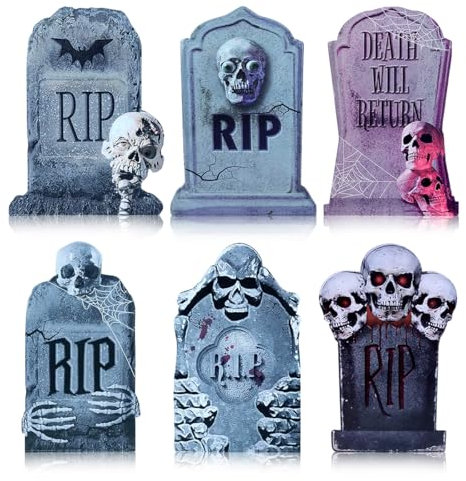 6 Stück Halloween Grabstein Dekorationen, Halloween Grabstein Hof Zeichen im Freien Dekoration mit Erdspießen, Halloween Rip Friedhof Grabsteine für Garten, Horror Deko