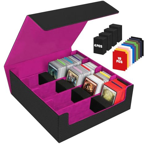 Caja de Tarjetas para Más de 3200 Tarjetas, Cajas de Almacenamiento de Tarjetas Coleccionables con 10 Divisores de Colores y 4 Espuma,Cajas de Cubierta Magnéticas Premium, para TCG Magic(Negro Morado)