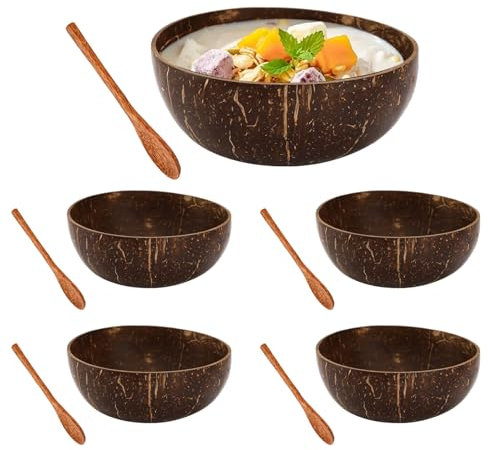 Jorzer Lot de 10 cuillères et bols en bois de noix de coco tropicale – 5 bols et 5 cuillères – Fait à la main – Naturel – Milkshake, salade, plats végétaliens, fruits