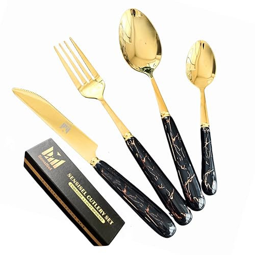 SensiSel 16 Piece Ceramic Black Handles and Golden Plated Stainless Steel Silverware Set,Black Marble Handle with Golden Mouth Flatware Cutlery Set Service for 4 (Gift Boxed)