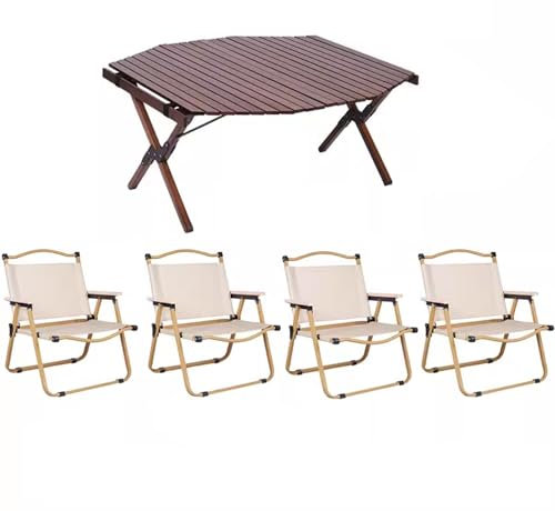 Campingtisch mit Stühlen 4 Personen, Campingtisch Groß Holz, Falttisch mit Aufrollbarer Tischplatte, Klapptisch für Camping Garten Balkon 90 X 90 X 45 cm(Brown)
