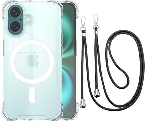 CAROKI Crossbody Lanyard Case for iPhone 16, Ultra Clear Hard Back Magnetic Case Compatible with MagSafe 4 Corners Bumper with Strap Adjustable Neck Cord Necklace Cover for iPhone 16-Clear