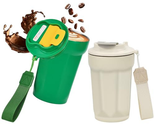 HWSWSH 2 PCS 420ML Mugs et Tasses Isothermes, Mug Café à Emporter Isotherme, Mug Isotherme Réutilisable avec Couvercle, Tasse à Café Thermos Inox pour Voiture, Voyage, Bureau, Camping (Blanc/Vert)