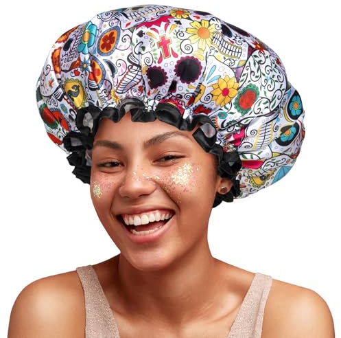 mikimini Shower Cap for Women, Shower Hat Reusable, Medium, 2 Pcs | Reusable, Waterproof with Adjustable Band for Long hair, Stylish Vibrant Design, Double Layer Bath Cap for Ladies and Girls