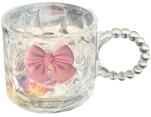 Bow Mug 3 Inch Height Clear Glass Bow Cup with Handle Non-Slip Bow Coffee Cup Easy to Clean Cute Mugs for Women Girl Home School Office Bedroom Supplies