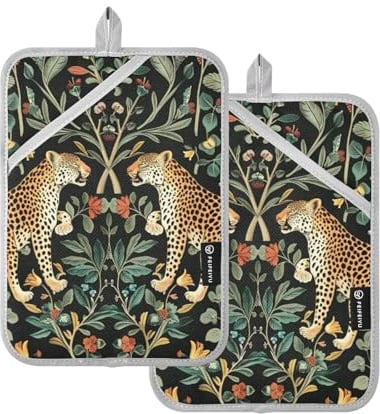 William Morris Topflappen für die Küche, hitzebeständig, mit Taschen, Leoparden-Design, 2 Stück