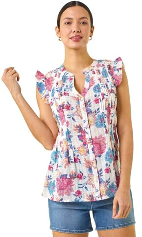 Roman Originals Pintuck Sleeveless Shirt for Women UK Ladies Vest Tank Top Summer Smart Blouse Stretchy Jersey T-Shirt Casual Spring Holiday Party Vacation Notch Neck - Pink Floral - Size 10