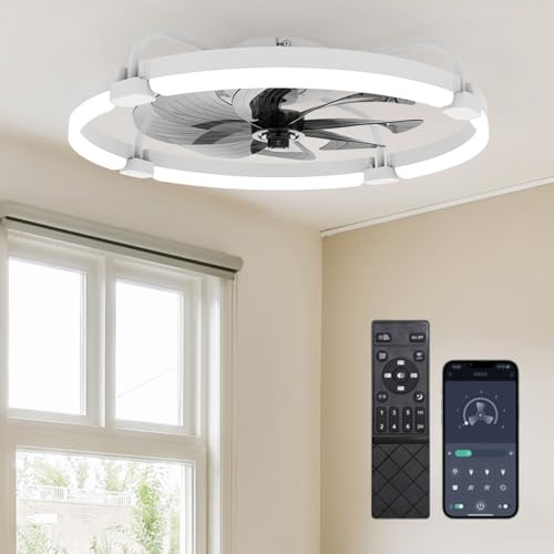 Ensenior Deckenventilator mit Beleuchtung, 60cm Deckenlampe mit Ventilator & Fernbedienung, 6 Geschwindigkeiten Leise, Stufenlos Dimmbar (3000K-6500K), Flaches Design für Schlafzimmer Büro - Weiß
