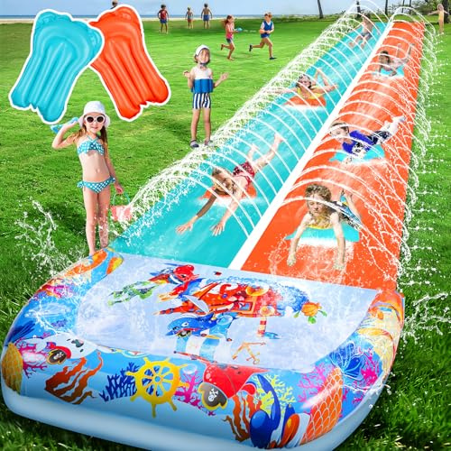46FT Double Slip and Water Slides for Kids Adults Backyard, Extra Long Lawn Water Slides with 2 Bodyboards, Heavy Duty, Giant Inflatable Water Slip Toys with Crash Pad for Summer Outdoor Party