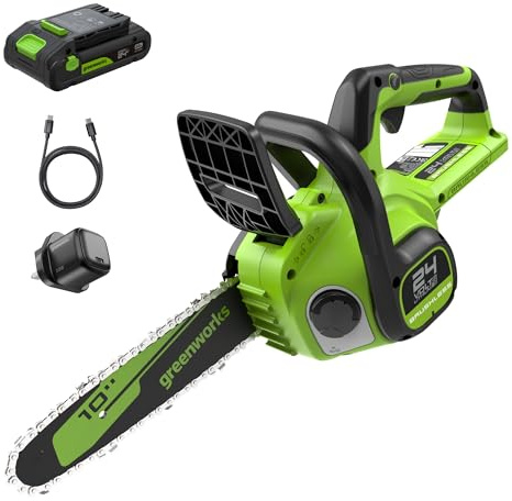 Greenworks 24V 25cm Akku-Kettensäge Brushless, mit 2Ah Batterie und 30W USB C Ladegerät, Automatikschmierer, Kettengeschwindigkeit 7.8m/s