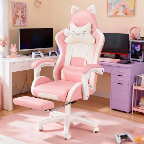 Oyajia Gaming Stuhl Bürostuhl Gaming Sessel Ergonomischer Gamer Stuhl mit Fußstütze, Lendenwirbel, Kopfstütze und Katzenohren, Gepolstert Gaming Chair, Mädchen Drehsessel 135KG, rosa