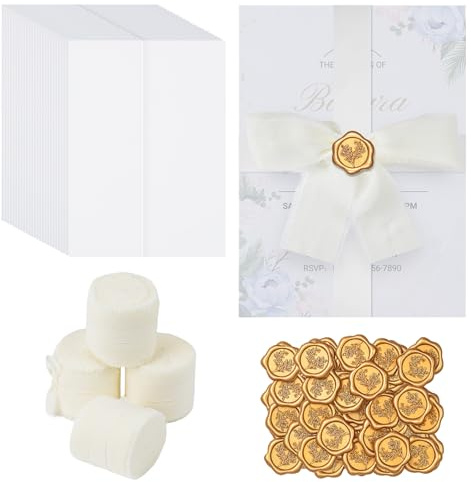 Zoyomax 25 Stück Pergamentpapier für Einladungen mit Wachssiegel Selbstklebend und Chiffon Geschenkband, 13x18 cm Vorgefaltet Transparente Briefumschläge für Hochzeit Babyparty Geburtstag