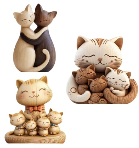 Toimveok 3Pcs Katzen Deko,Deko Wohnzimmer,Katzenfigur | Es kann im Wohnzimmer, Schlafzimmer, Platziert werden und ist ein einzigartiges Holzgeschenk für Katzenliebhaber