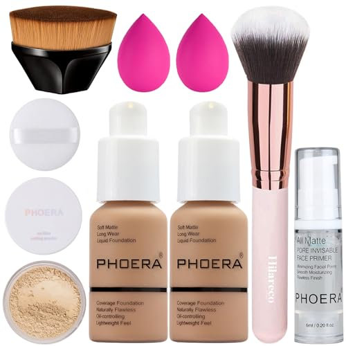 PHOERA Foundation,PHOERA Primer, PHOERA Puder,Concealer Cover Flüssigmatt Full Coverage, Make Up Foundation Pinsel and Puder Pinsel, Make up Schwamm Set (2 PCS #105 Sand)