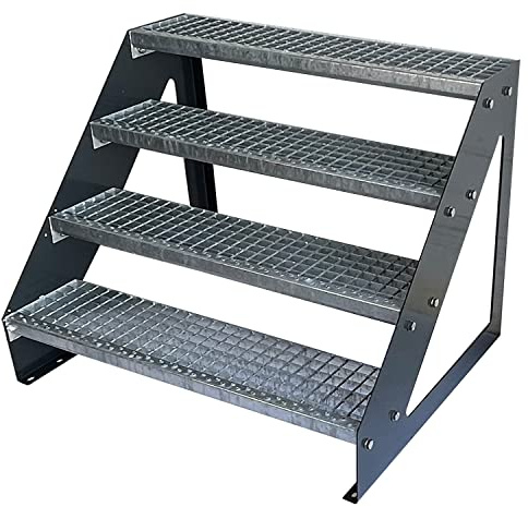Kaminbau Mierzwa Premium Stahl Treppe Freistehend Verzinkt & Anthrazit Pulverbeschichtet 4 Stufen (Breite 120 cm) (Höhe 76 cm) Wetterfest Gitterroststufe Gartentreppe