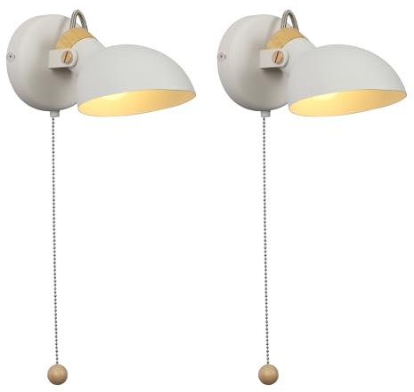 Aisilan 2er Weiß Wandlampe mit Zugschalter, Vintage Stil Holz und Metall Retro Industrie Schwenkbar Wandleuchte mit E14 Leuchtmittel, für Schlafzimmer, Wohnzimmer, Treppen