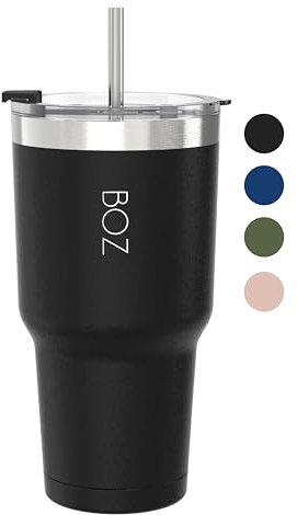 BOZ Trinkbecher mit Deckel und Strohhalm - Kaffeebecher To Go 900 ml – Becher mit Strohhalm – Auslaufsicher & Spülmaschinenfest – Isolierbecher 4h heiß & 8h kalt – Trinkbecher Schwarz