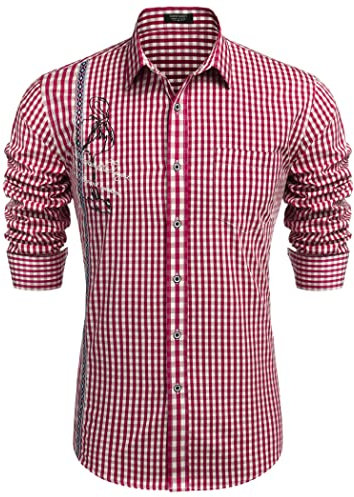 COOFANDY Trachten Shirt Chemise à Carreaux Homme Slim Fit Manches Longues Loisirs Oktoberfest Chemise à Carreaux pour Homme Rouge L