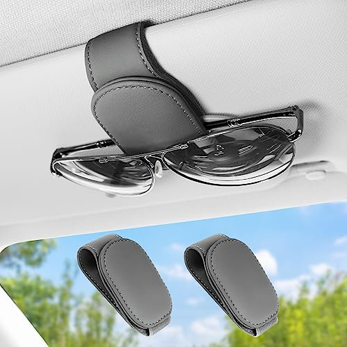 KAZATE Brillenhalter für Auto, 2 Stück Sonnenbrillenhalter Auto PU Leder Magnetische Sonnenbrille Halterung Sonnenblende, Visier Brillenhalter Brillenetui Universal Zubehör für Auto (Grau)