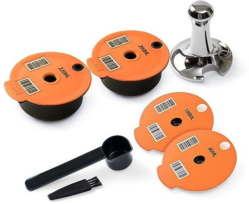 Dosettes rechargeables Tas simo 200 + 220 ml + couvercles en silicone supplémentaires 60 + 180 ml, dosettes de café réutilisables Tas simo compatibles avec la machine Bosch, avec un tamper à café
