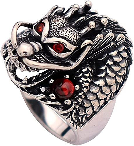 Feng-Shui-Mantra-Ring, Neuheitsring, Vintage-Ring aus schwarzem Sterlingsilber, chinesischer Drachenkopf-Ring mit roten Augen, Punk-orientalischer Schmuck for Männer und Frauen, Größe PY (Größe: R 1/2