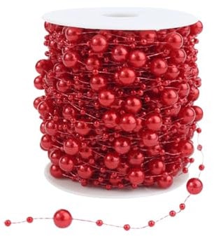 HugeDE 30m Christmas Pearl Beads Garland - Faux Pearl Strands Artificial Bead Chains for Xmas Tree Decorations Red