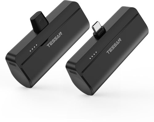 Mini Portable Charger with Built-in USB C Connector, TESSAN 5000mAh Small Power Bank 12W, Compact PD Fast Charging Battery Pack Compatible with iPhone 15 Series, Huawei, Samsung, LG, and More, 2Pack