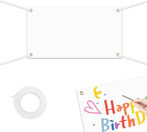 180x110cm Blanko Banner Weiß Lackierbar - Personalisiertes Polyester Stoff Banner Mit Hängendem Seil für DIY-Malerei im Wandschild, Geschäft, Büro Anzeige