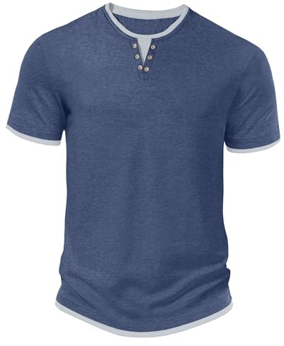 Hisir Camiseta de Verano para Hombre, Manga Corta, Cuello Redondo, Estilo Casual, Clásica, con Bloques de Color (Azul Claro, L)